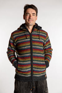 Topher is wearing the Large Mexicali Wool Hoodie Jacket in Multi Stripe
