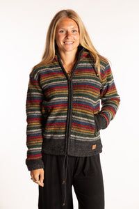Sophie is wearing the Small Mexicali Patterned Wool Hoodie in Multi Stripe