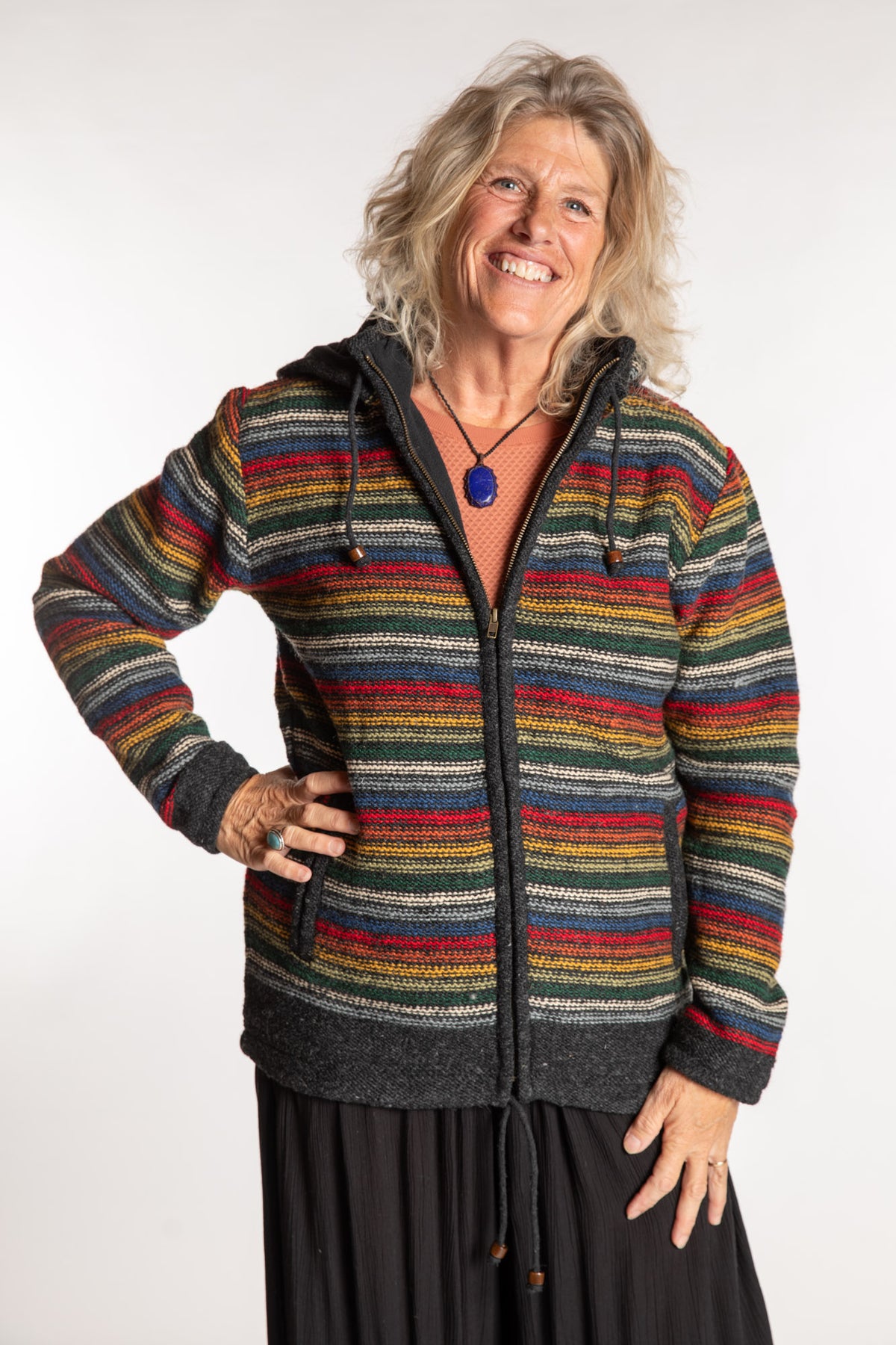 Kim is wearing the Medium Mexicali Patterned Wool Hoodie in Multi Stripe