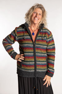 Kim is wearing the Medium Mexicali Patterned Wool Hoodie in Multi Stripe