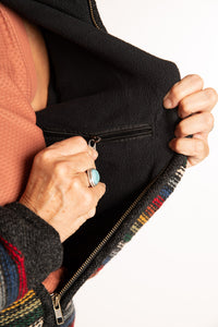 Kim is wearing the Medium Mexicali Patterned Wool Hoodie in Multi Stripe