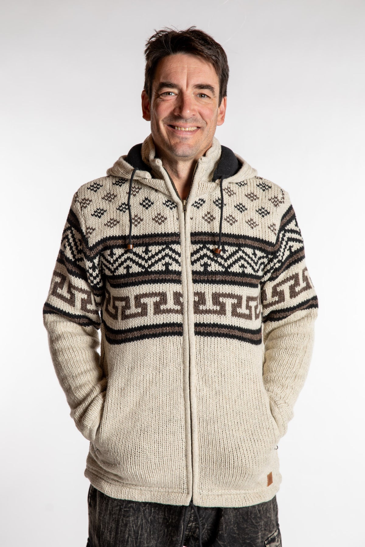 Topher is wearing the Large Mexicali Wool Hoodie Jacket in Natural