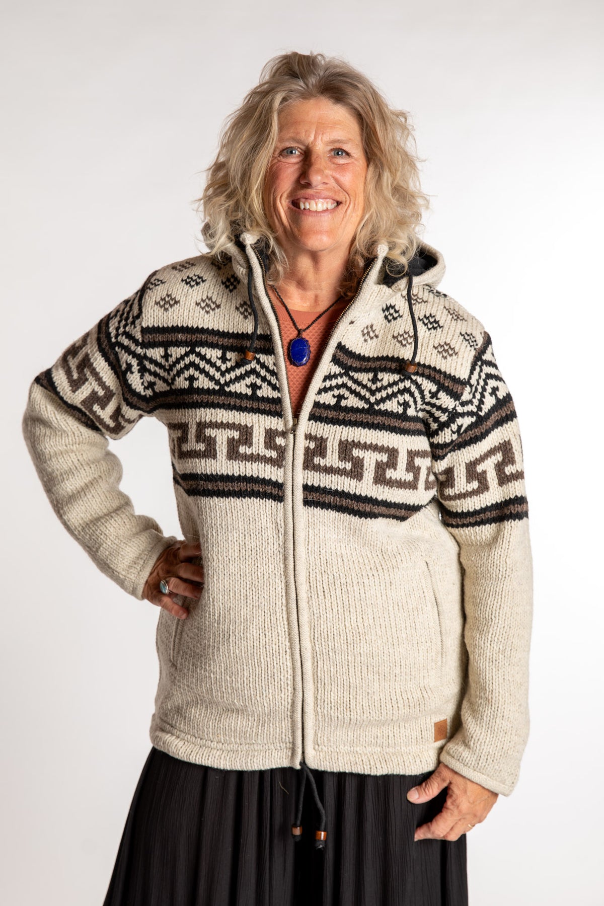 Kim is wearing the Medium Mexicali Patterned Wool Hoodie in Natural