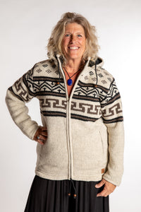Kim is wearing the Medium Mexicali Patterned Wool Hoodie in Natural