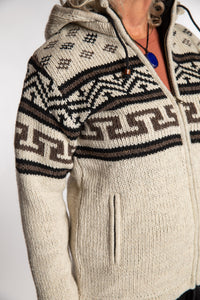 Kim is wearing the Medium Mexicali Patterned Wool Hoodie in Natural