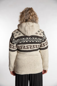 Kim is wearing the Medium Mexicali Patterned Wool Hoodie in Natural