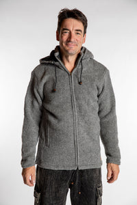 Topher is wearing the Large Mexicali Wool Hoodie Jacket in Gray