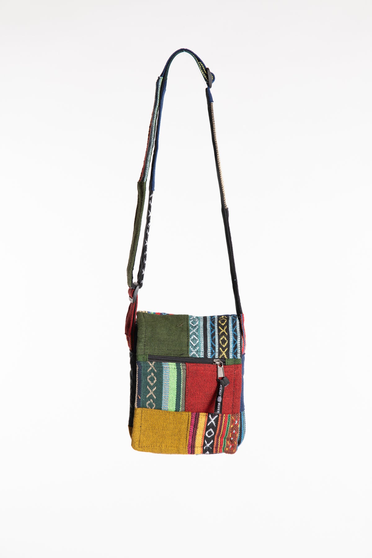 Mosaic cotton patchwork crossbody bag with colorful geometric fabric panels and adjustable strap