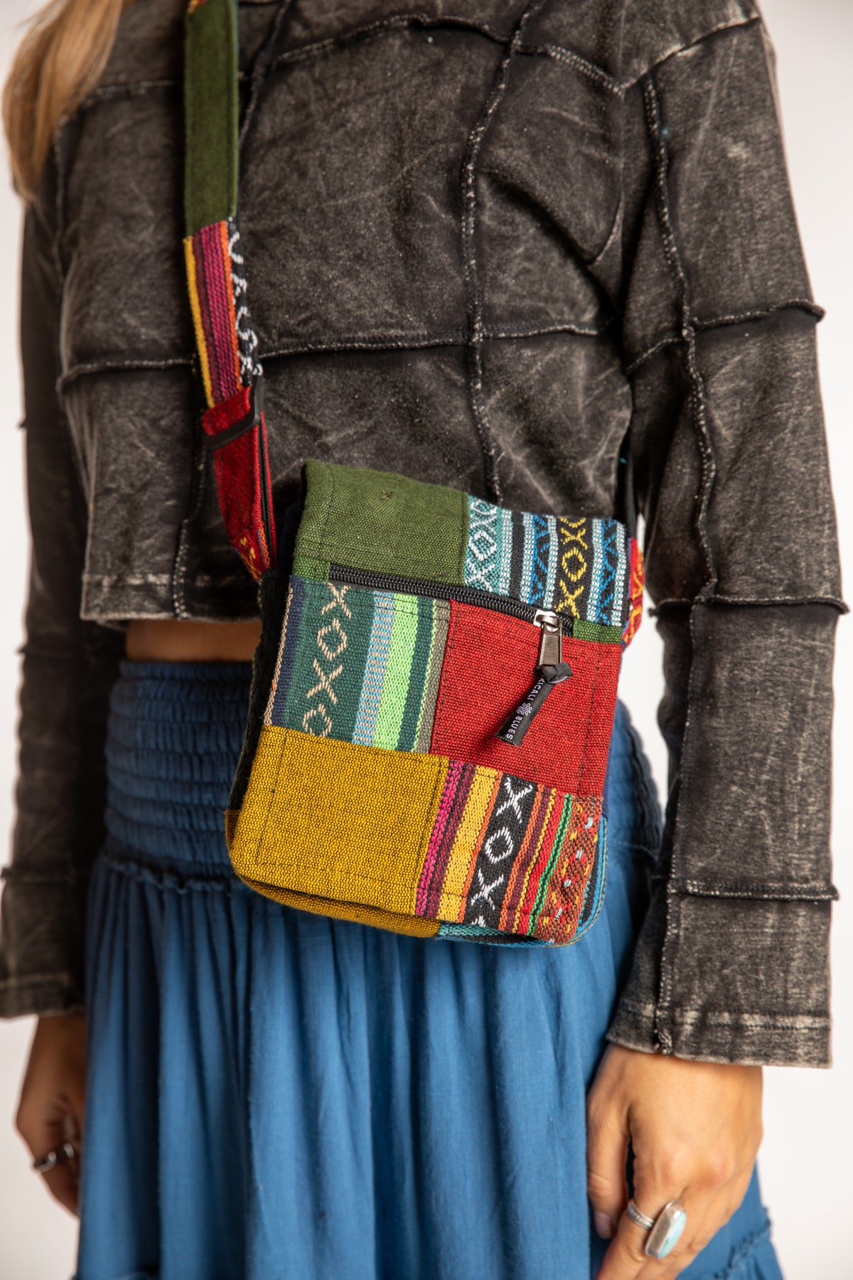Sophie wearing colorful Mosaic Patchwork Crossbody Bag 