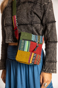 Sophie wearing colorful Mosaic Patchwork Crossbody Bag 