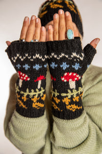 Mushroom Meadow Wool Fingerless Mittens