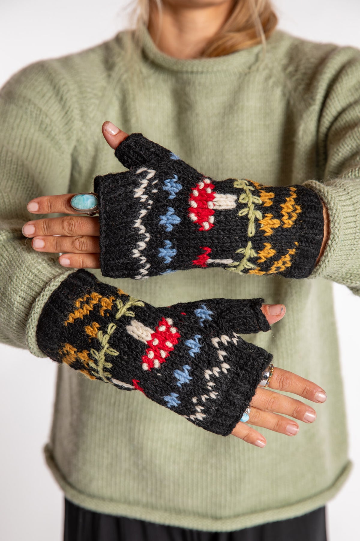 Mushroom Meadow Wool Fingerless Mittens