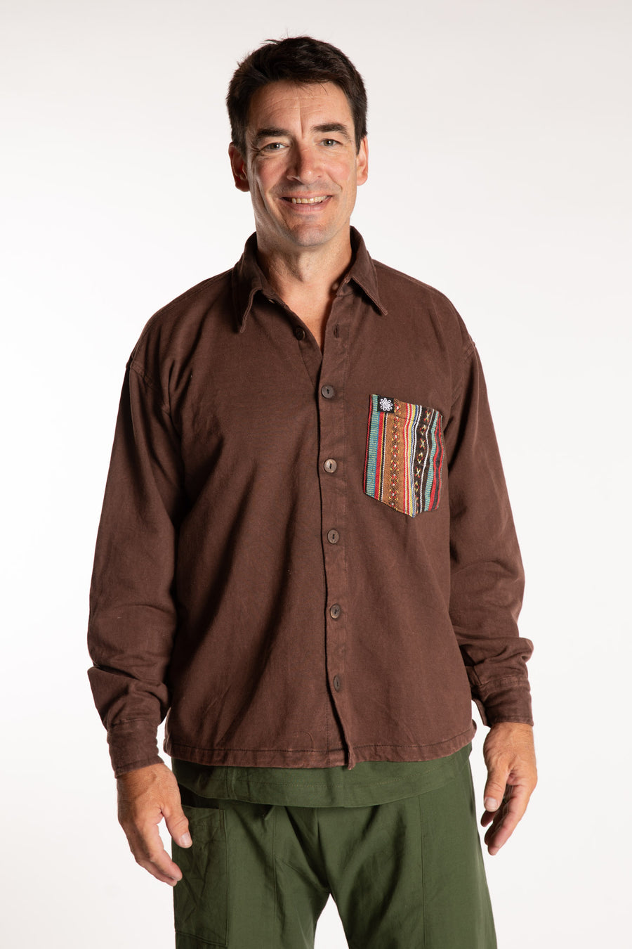 Topher is wearing the Brown Niran Shirt Jacket in L/XL