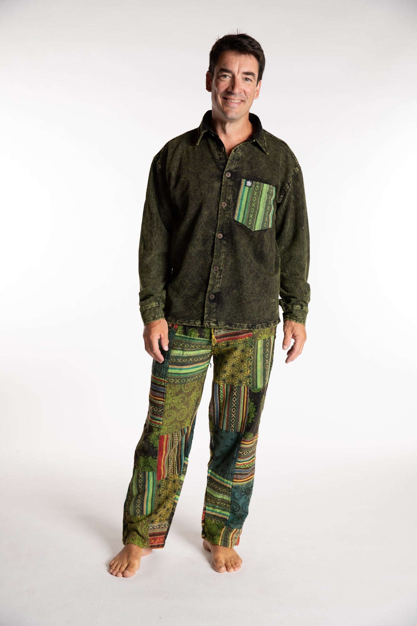 Topher is wearing the Green Niran Shirt Jacket in L/XL
