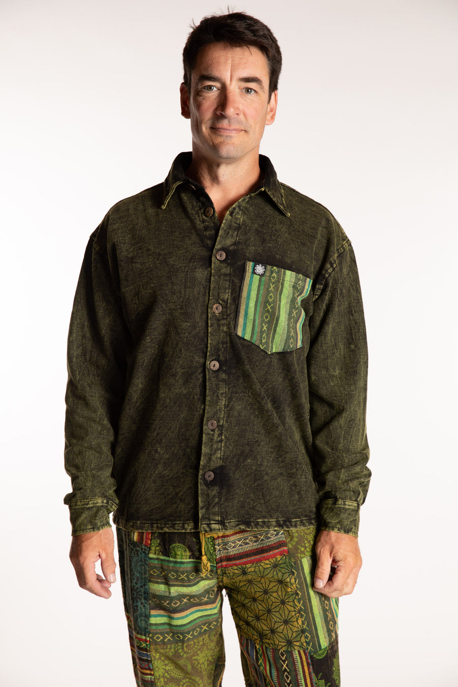 Topher is wearing the Green Niran Shirt Jacket in L/XL
