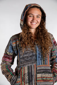 Emily is wearing the Black Pahadi Patchwork Jacket in S/M