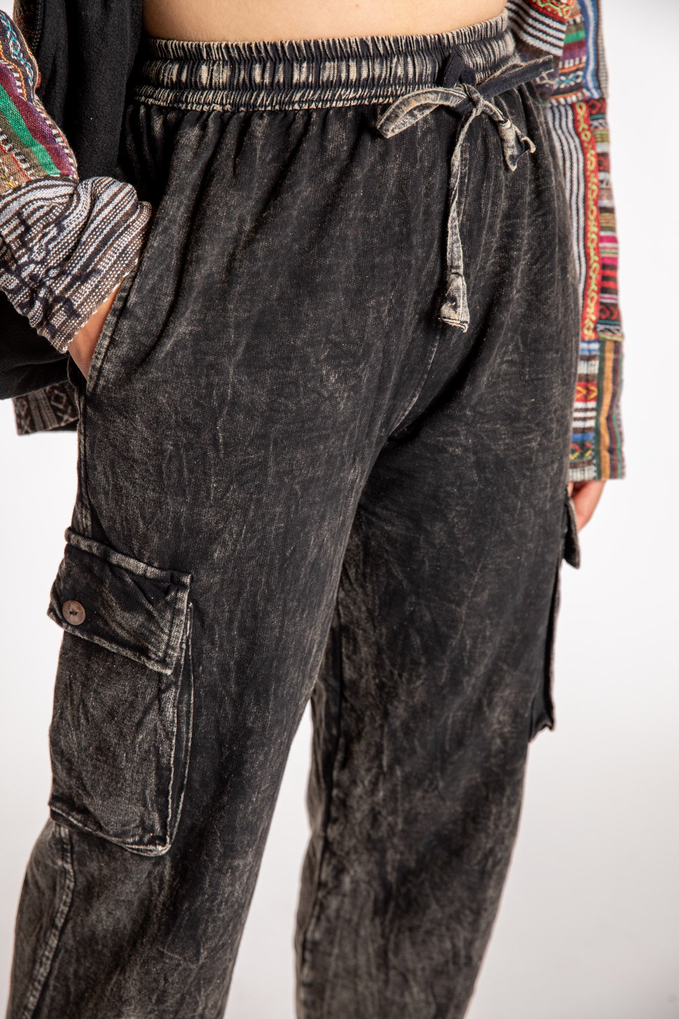 Emily is wearing the Black Pahar Stone Wash Cargo Pants in Small