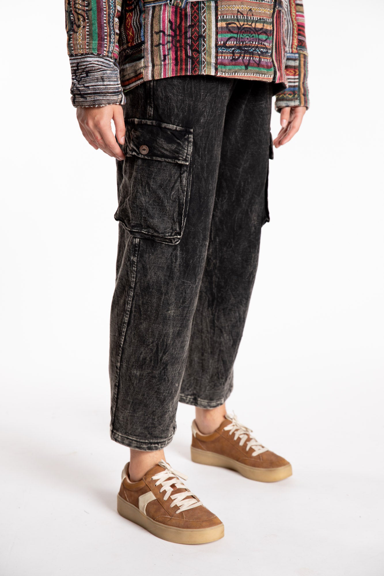 Emily is wearing the Black Pahar Stone Wash Cargo Pants in Small