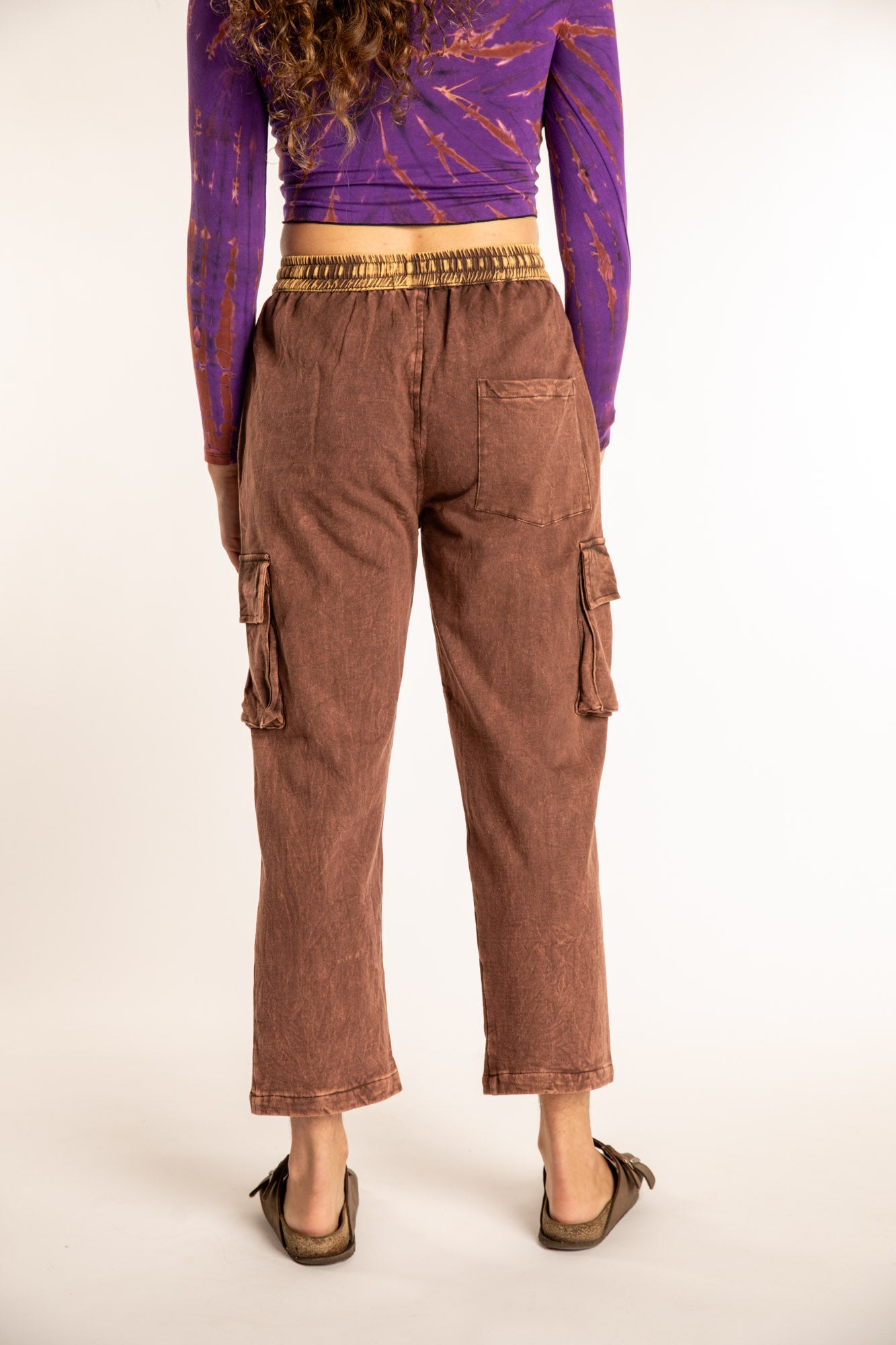 Emily is wearing the Brown Pahar Stone Wash Cargo Pants in Small
