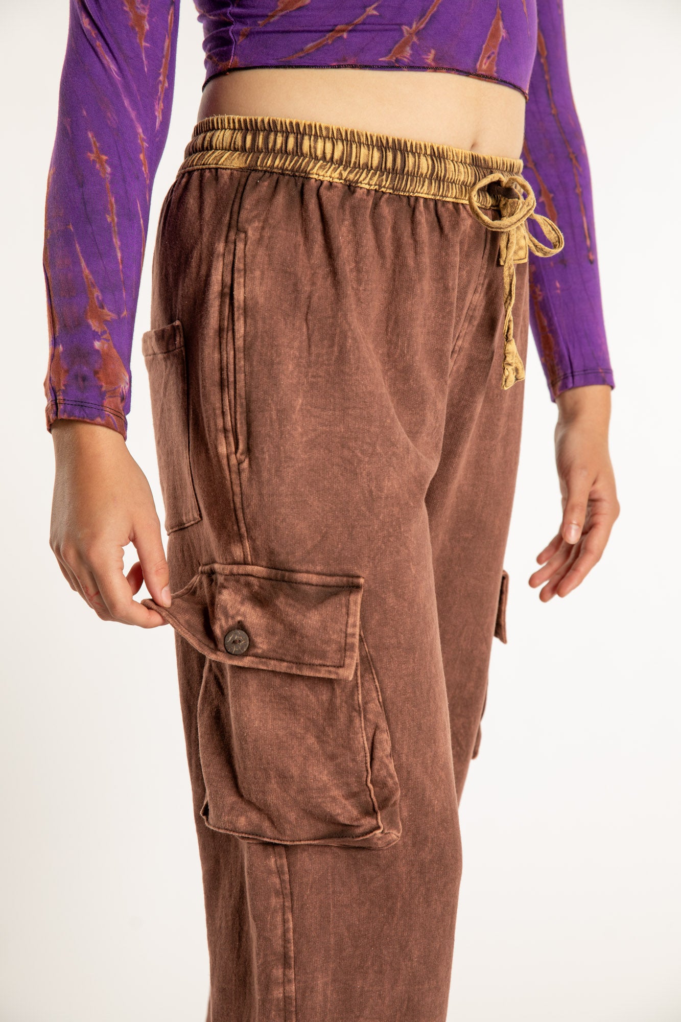 Emily is wearing the Brown Pahar Stone Wash Cargo Pants in Small