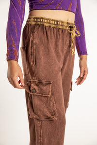 Emily is wearing the Brown Pahar Stone Wash Cargo Pants in Small