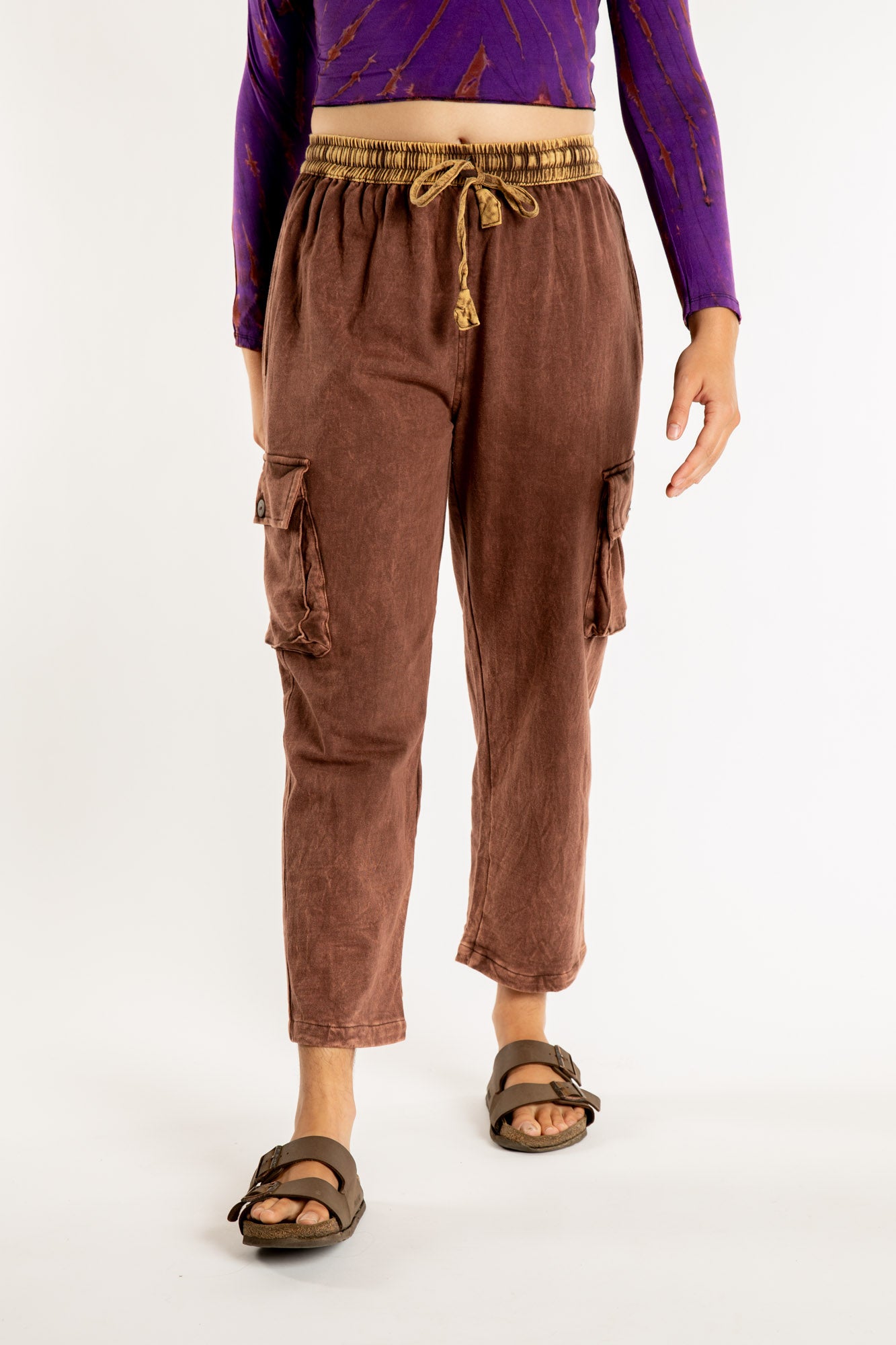 Emily is wearing the Brown Pahar Stone Wash Cargo Pants in Small