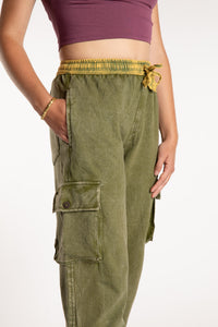 Emily is wearing the Green Pahar Stone Wash Cargo Pants in Small