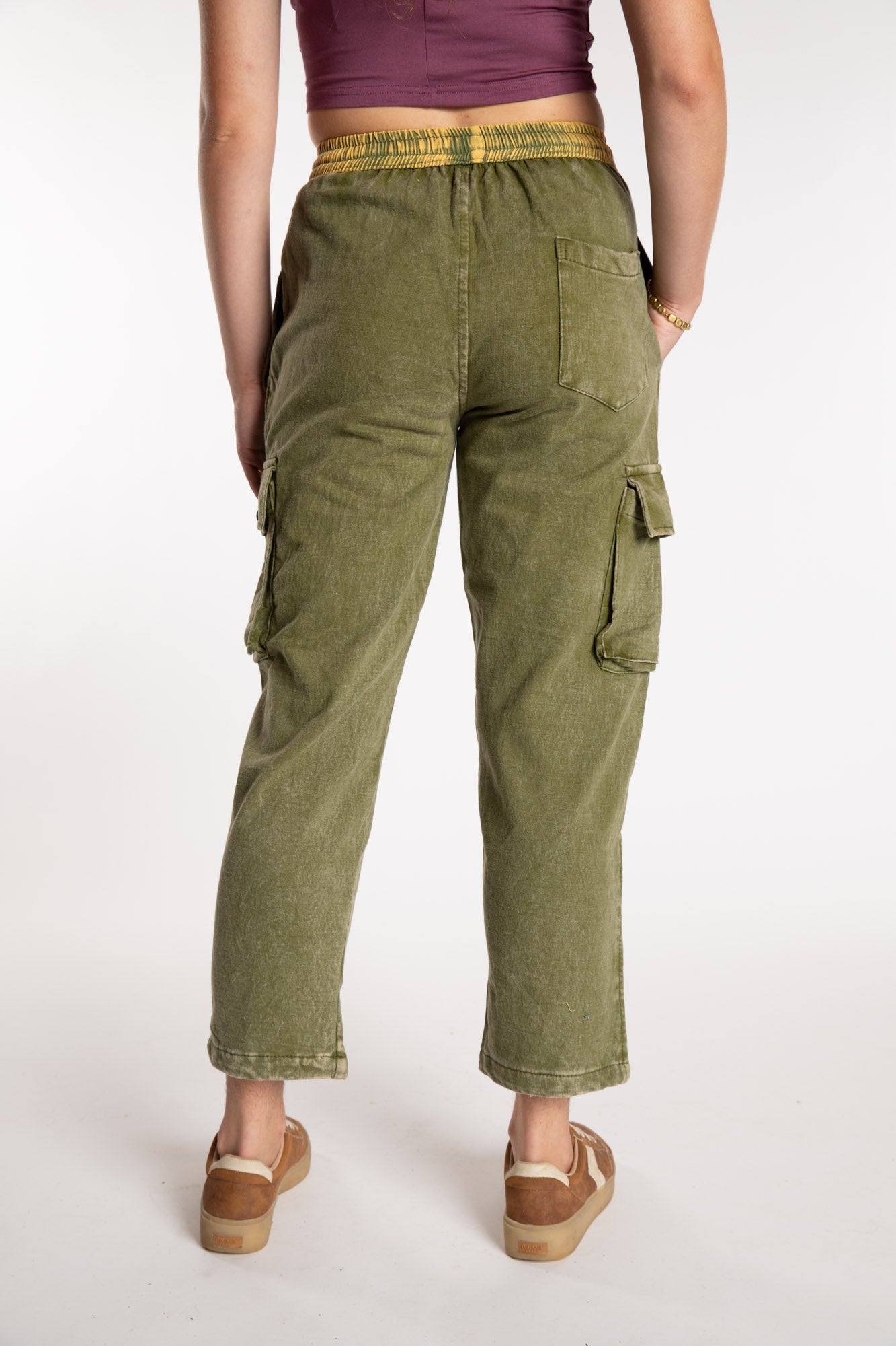 Emily is wearing the Green Pahar Stone Wash Cargo Pants in Small