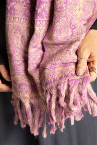 Susan is wearing the Paisley Soft Brushed Shawl in Lavender