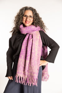 Susan is wearing the Paisley Soft Brushed Shawl in Lavender