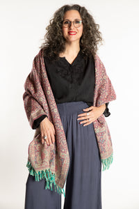 Susan is wearing the Paisley Soft Brushed Shawl in Rose