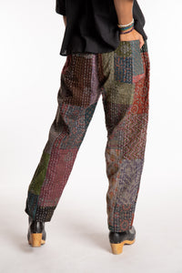Sophie is wearing the Black Patchwork Kantha Pants in size small