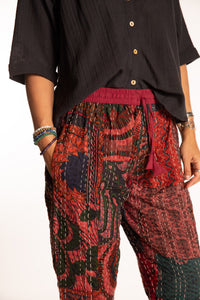 Sophie is wearing the Burgundy Patchwork Kantha Pants in size small