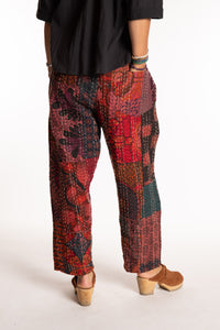 Sophie is wearing the Burgundy Patchwork Kantha Pants in size small