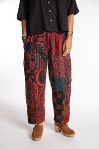 Sophie is wearing the Burgundy Patchwork Kantha Pants in size small