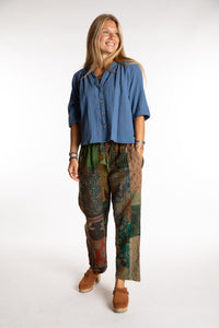 Sophie is wearing the Green Patchwork Kantha Pants in size small