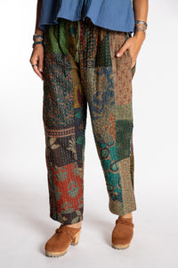 Sophie is wearing the Green Patchwork Kantha Pants in size small