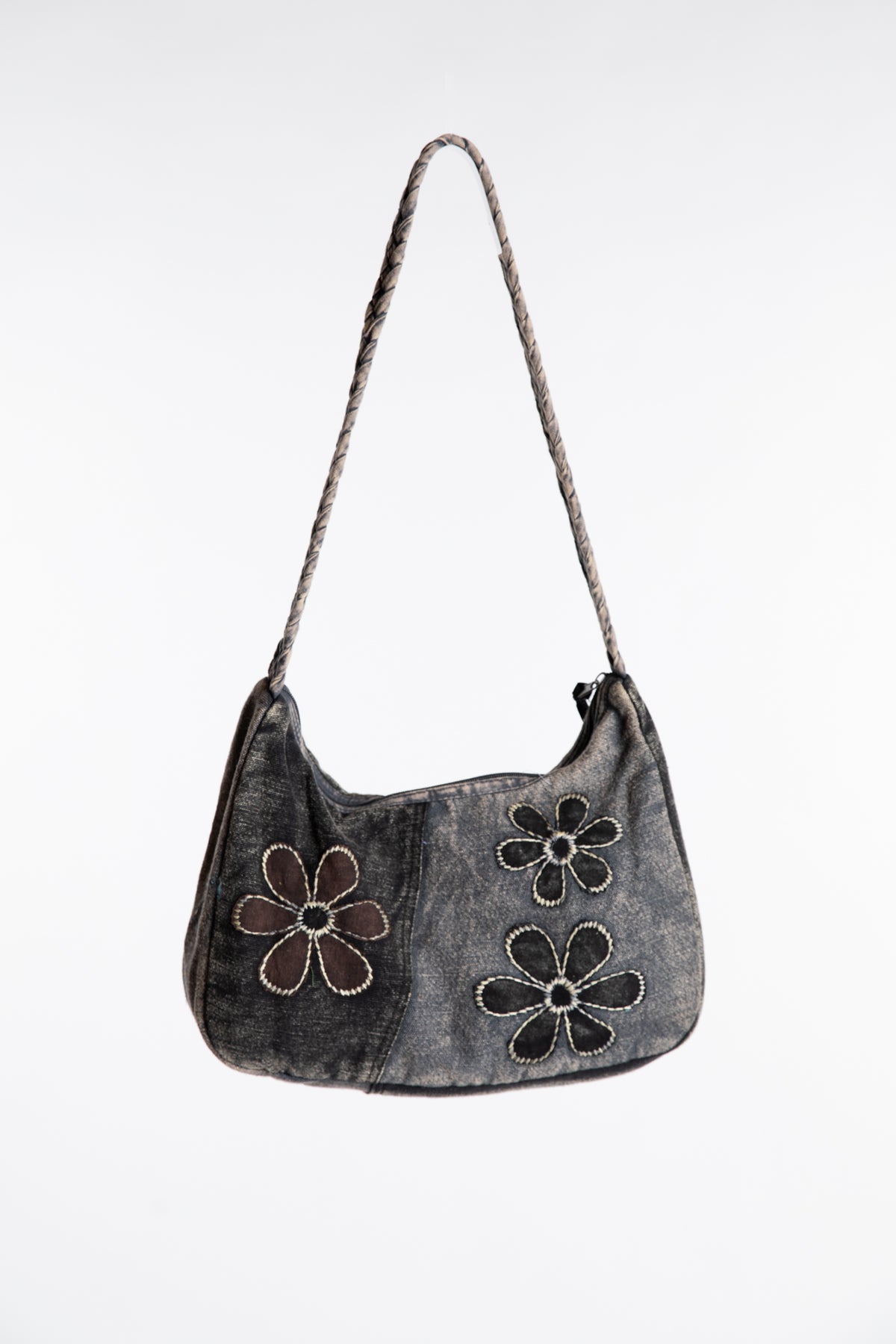 Black and gray cotton patchwork shoulder bag with floral accents and braided strap