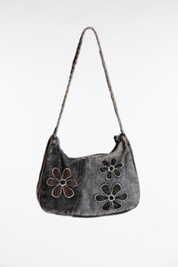 Black and gray cotton patchwork shoulder bag with floral accents and braided strap