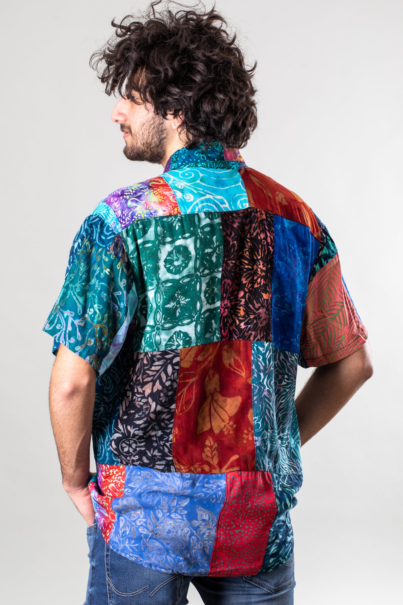 Ralph is wearing size L patchwork button up shirt in multicolor