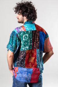 Ralph is wearing size L patchwork button up shirt in multicolor