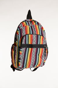 Colorful striped cotton Gheri backpack with black trim and zippered front pockets