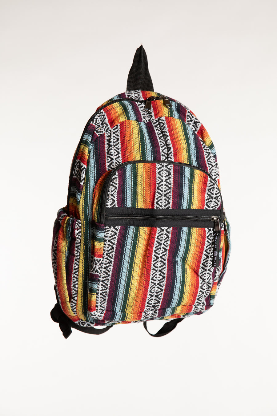 Colorful striped cotton Gheri backpack with black trim and zippered front pockets