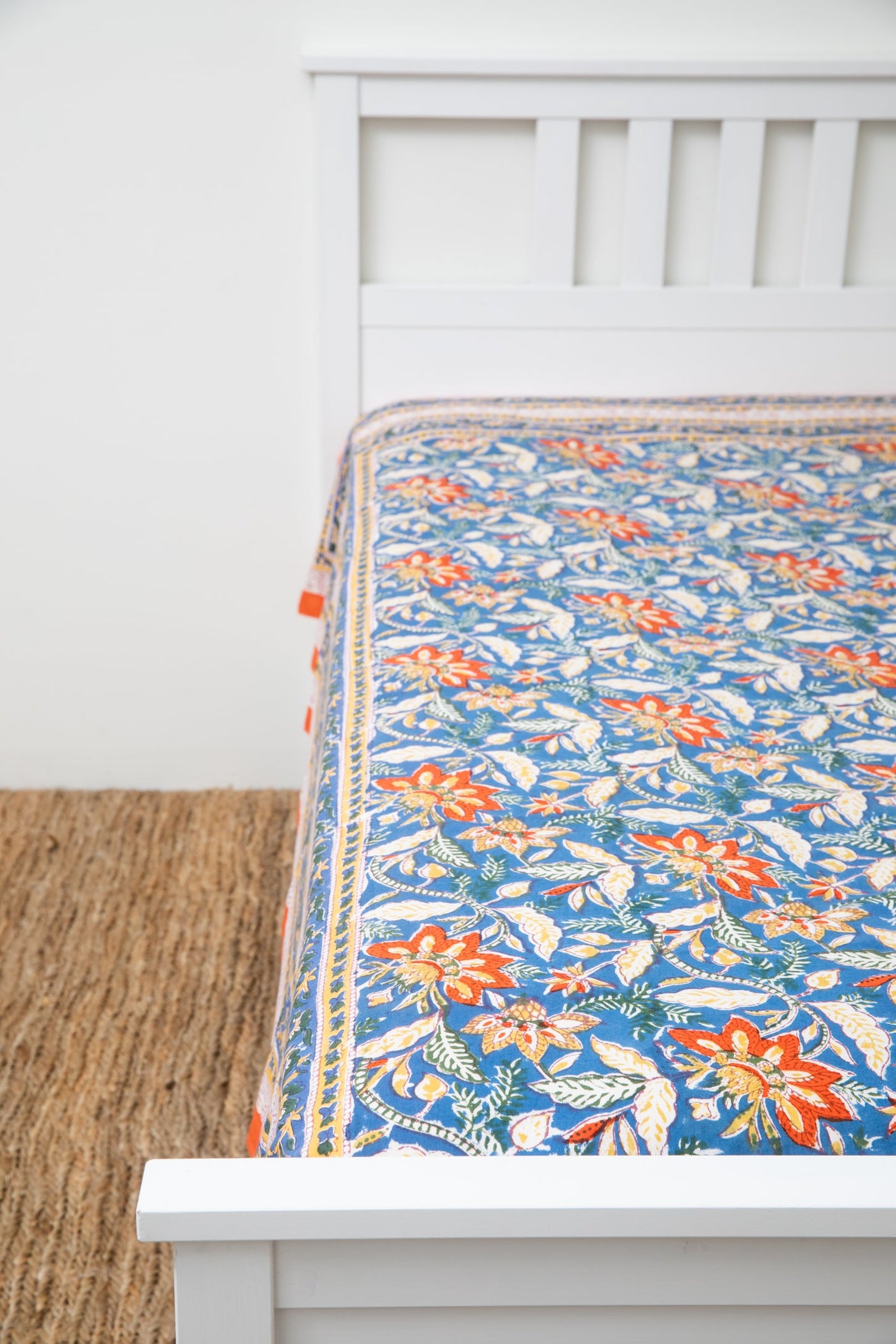 Block print tapestry in electric lilyland