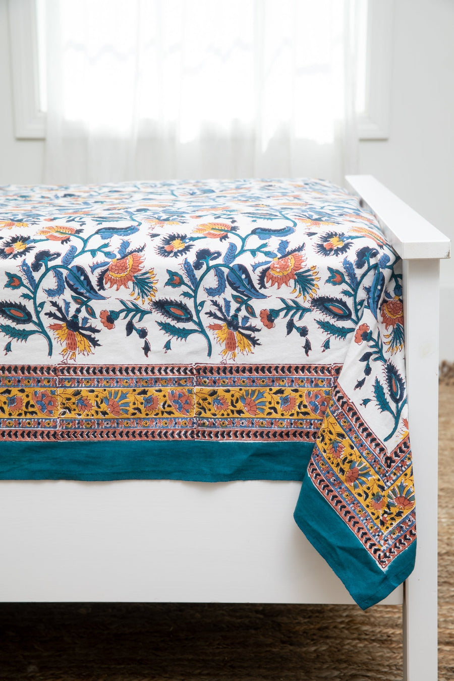 Block print tapestry in trailing opulence