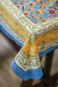 Bohemian block print tapestry in Fiesta Flowerpatch, displayed as a tablecloth