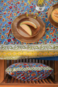 Bohemian block print tapestry in Fiesta Flowerpatch, displayed as a tablecloth