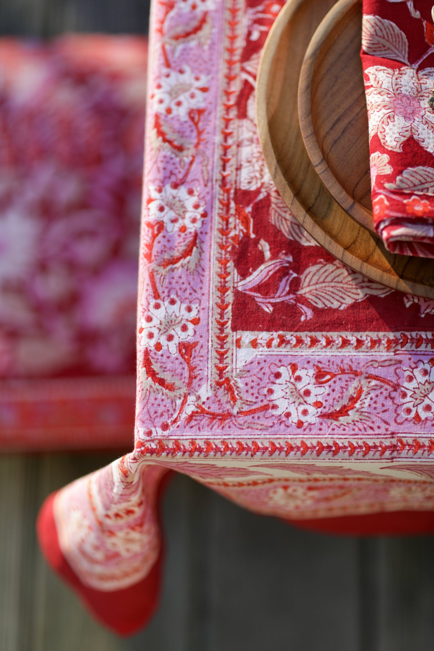 Block print tapestry in garnet profusion