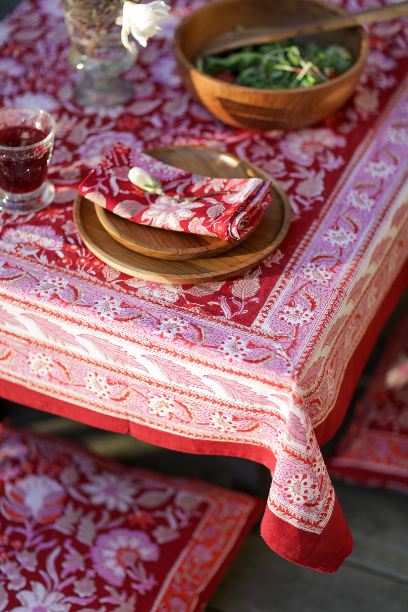 Block print tapestry in garnet profusion