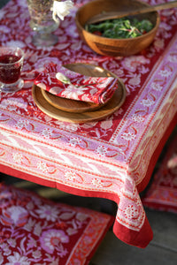 Bohemian block print tapestry in Garnet Profusion, displayed as a tablecloth